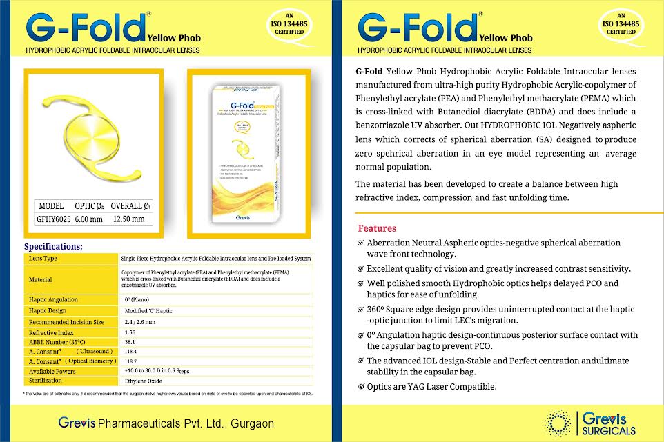 G-Fold Yellow Phob Hydrophobic Acrylic Foldable Intraocular Lens